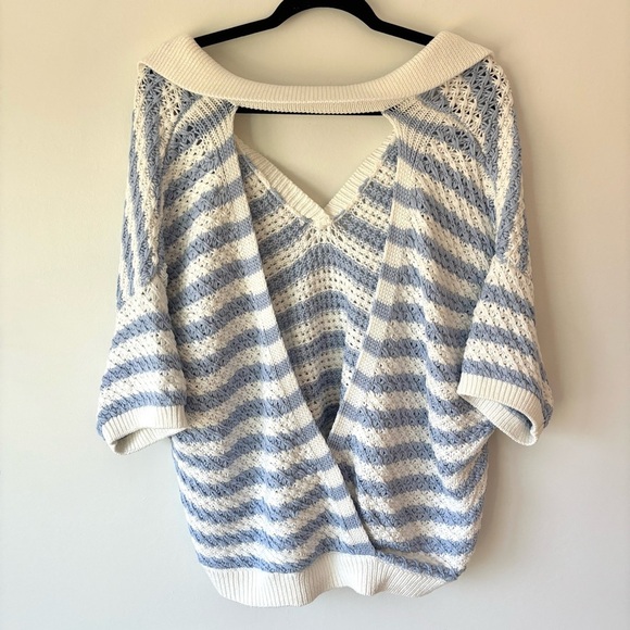 Anthropologie Maeve Grace Blue White Stripe Collared Short Sleeve Knit Sweater - Picture 10 of 14